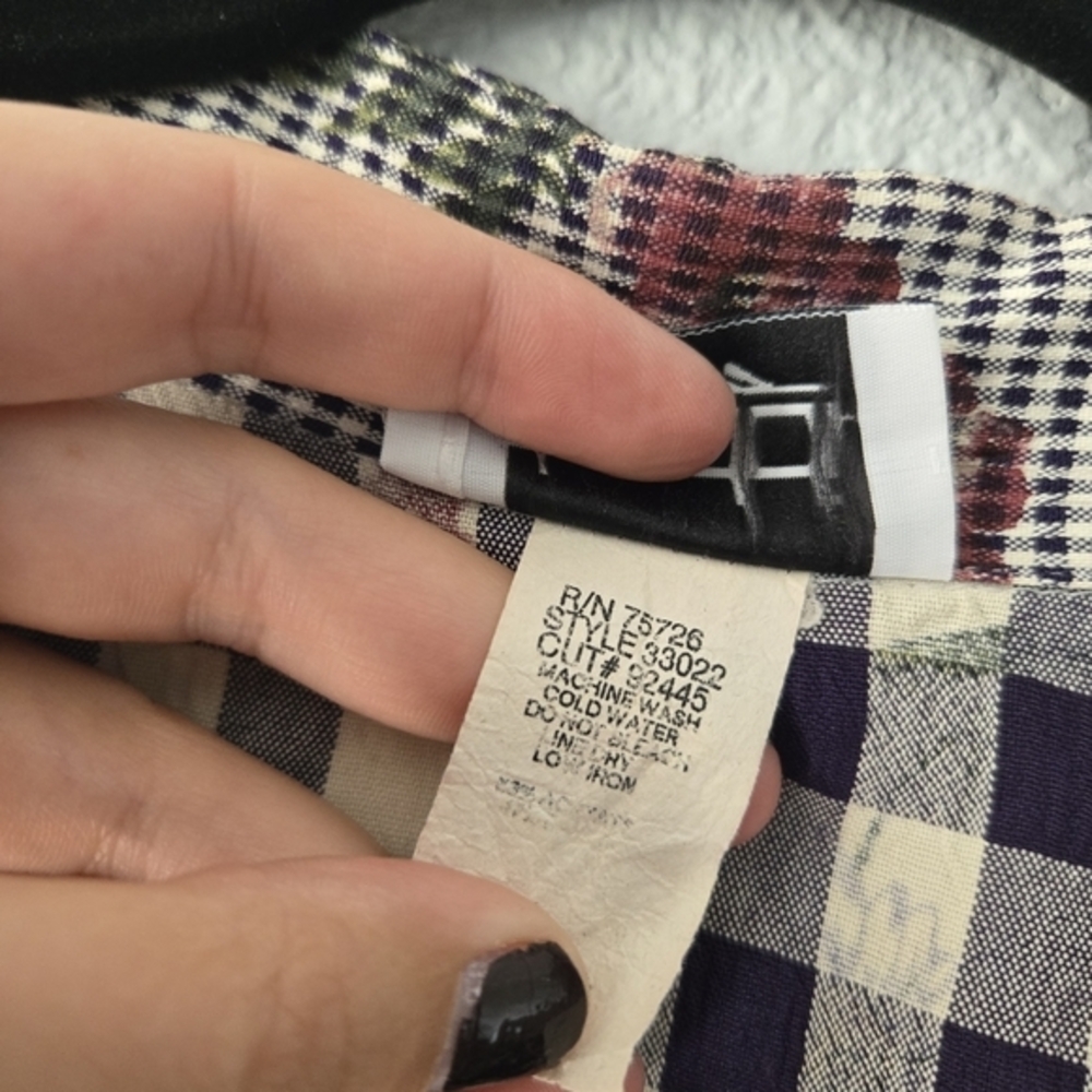 Teddi Vintage Mixed Print Gingham Floral Button Up Shirt Short Sleeve Purple L - Picture 6 of 6
